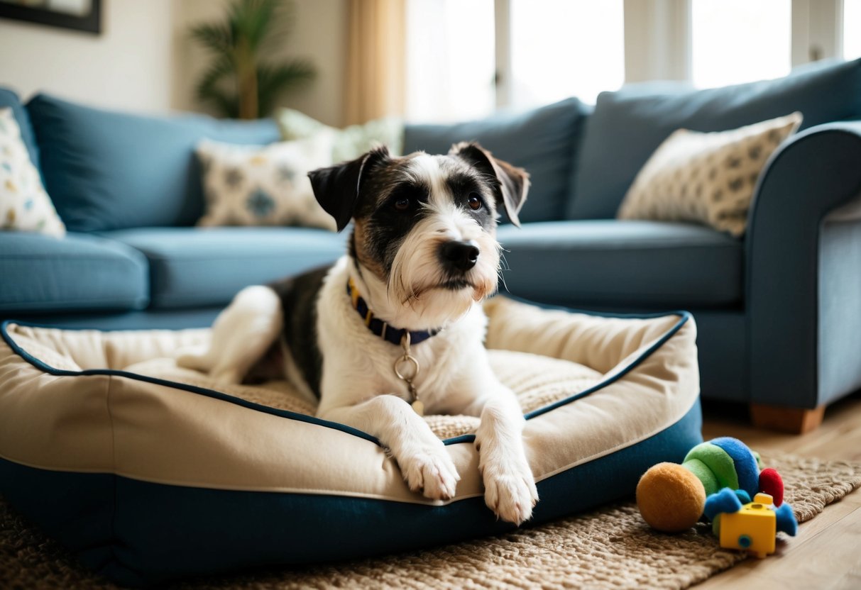 A contented border terrier lounges in a cozy living room, surrounded by familiar toys and a comfortable bed, showing signs of slowing down with age