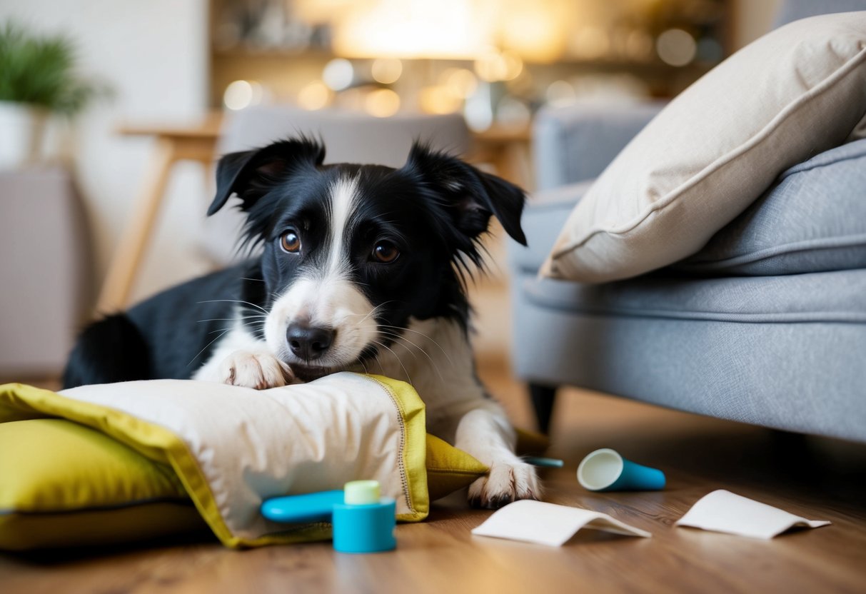 A border terrier chewing on furniture, with a torn pillow and scattered household items around
