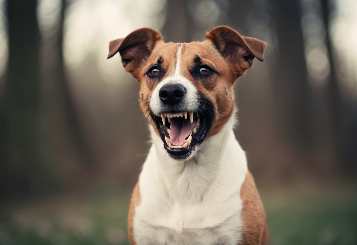 A border terrier snarls and growls, baring its teeth with a defensive stance. Its ears are flattened against its head, and its eyes are narrowed with suspicion