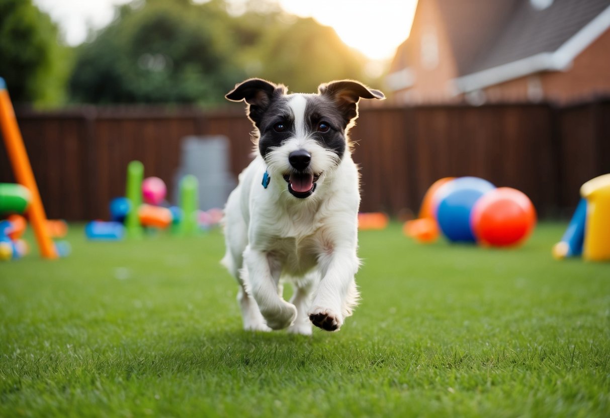 A border terrier running and playing in a spacious backyard with toys and obstacles to explore