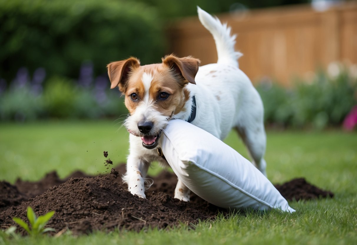 A border terrier mischievously digging up a garden, with a torn pillow in its mouth