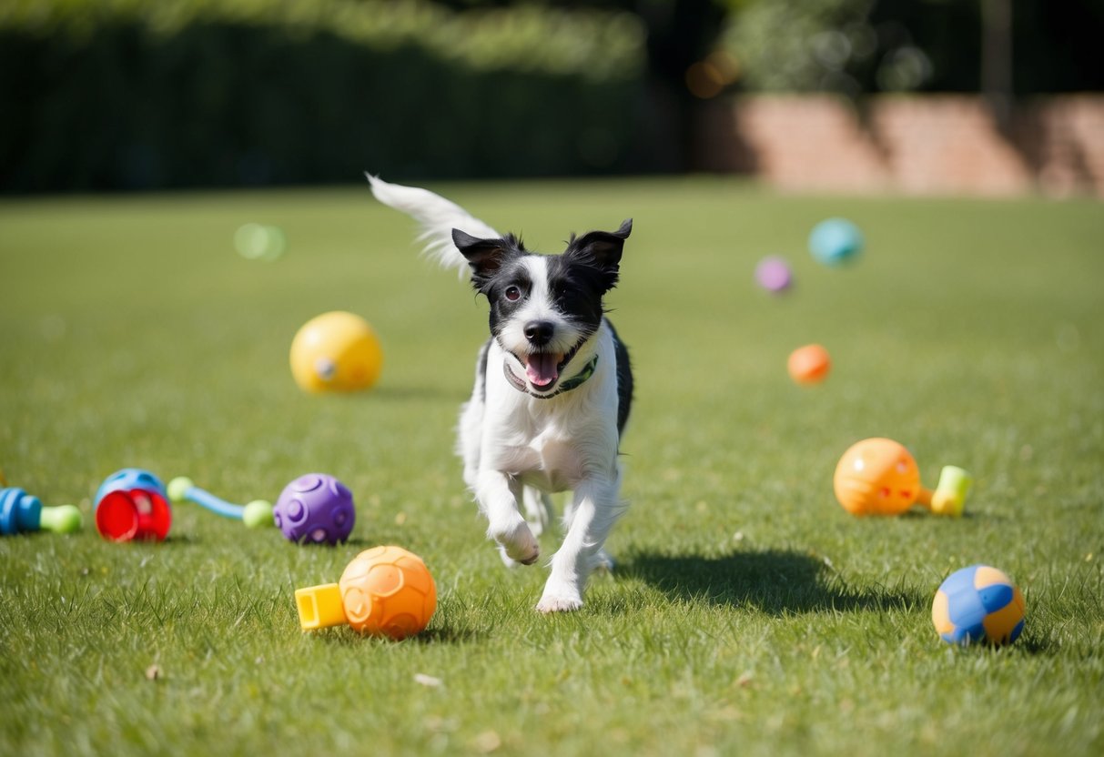 A Border Terrier playing in a spacious, grassy yard with a variety of toys scattered around. The dog's tail is wagging and it has a happy expression on its face