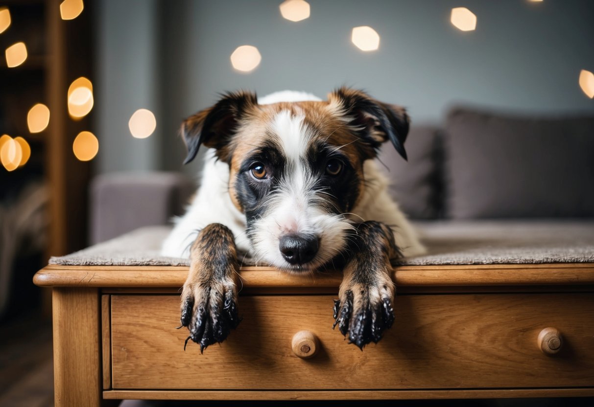 A border terrier chewing on furniture, with a messy coat and muddy paws