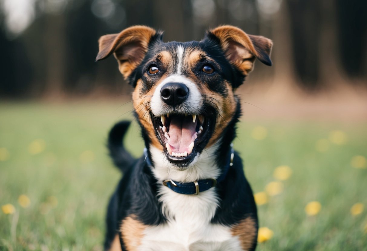 A border terrier growls and shows teeth, standing defensively with raised fur and ears
