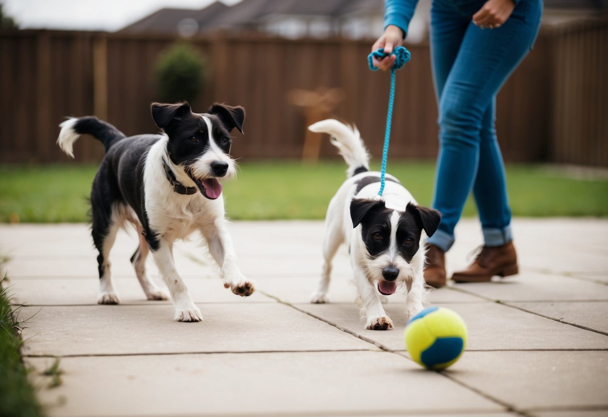 A Border Terrier playing with its owner, wagging its tail and fetching a toy in a spacious backyard