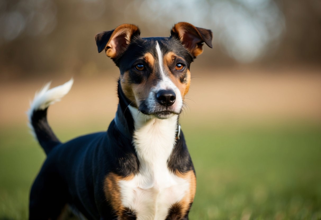 A Border Terrier stands confidently, ears alert, tail raised. It gazes calmly, showing no signs of aggression