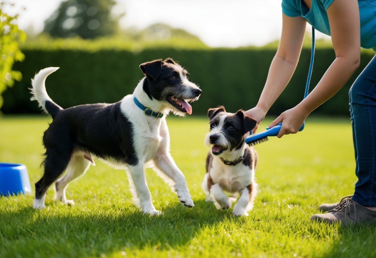 A border terrier playing in a grassy yard, getting brushed by its owner, and receiving a treat after a grooming session
