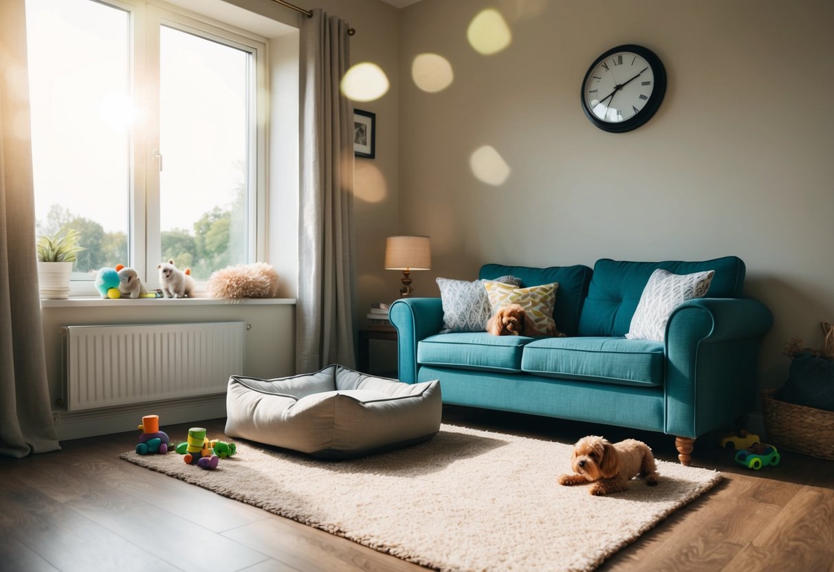 A cozy living room with a sunlit window, a comfortable dog bed, and some toys scattered around. A clock on the wall shows the time passing