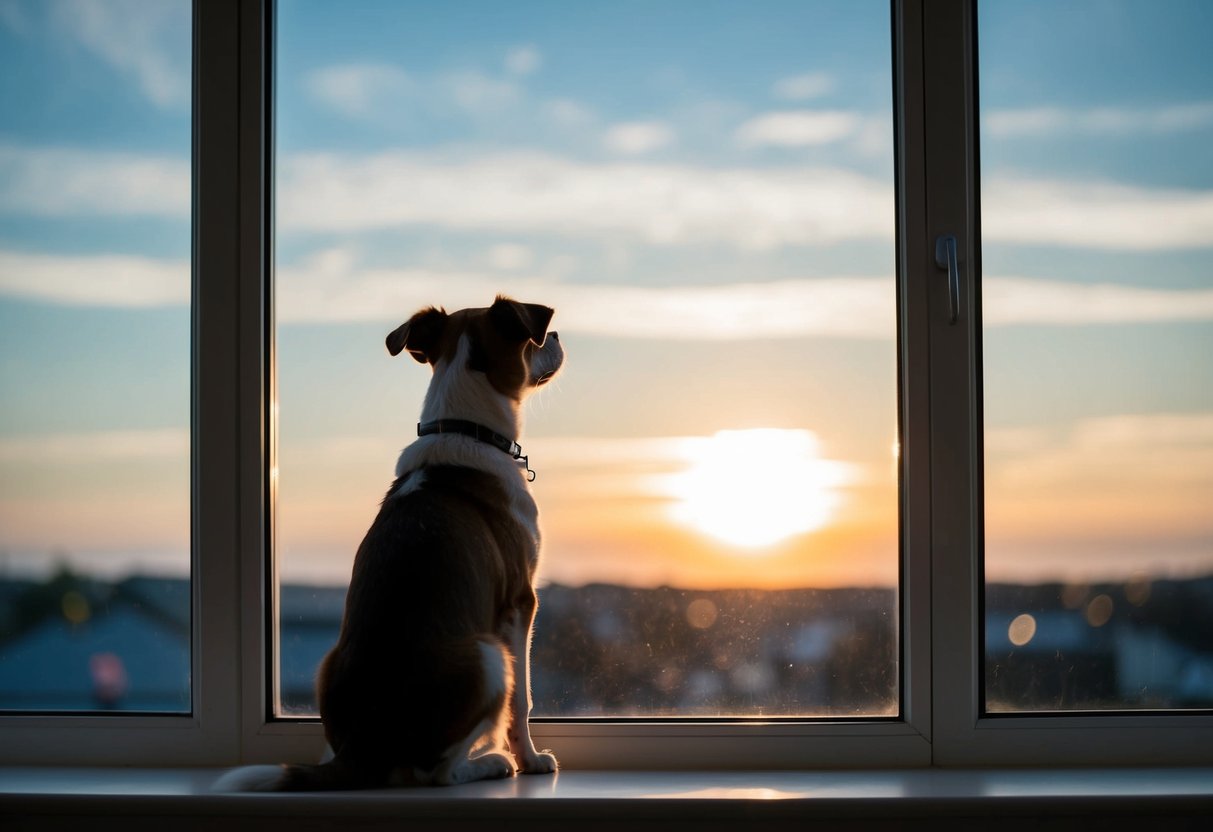 A Border Terrier sits patiently by a window, watching as the sun moves across the sky, marking the passing of time over the course of 8 hours