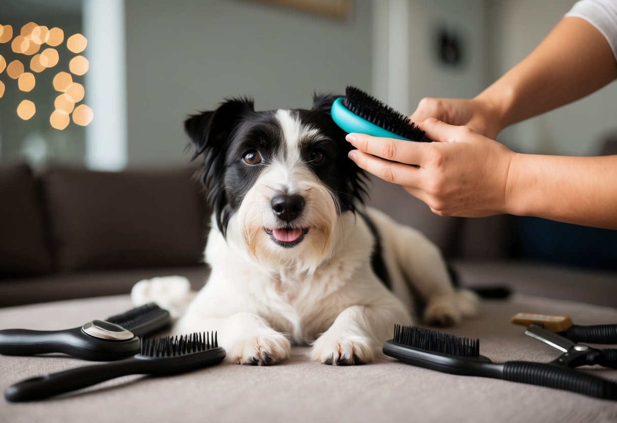 A border terrier being brushed by a gentle hand, with a content expression on its face, surrounded by grooming tools and a comfortable setting