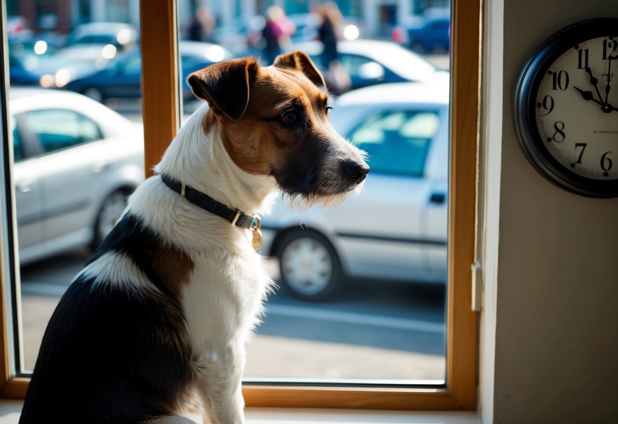 A Border Terrier sits patiently by the window, gazing out at the passing cars and people, as the clock on the wall ticks away the hours