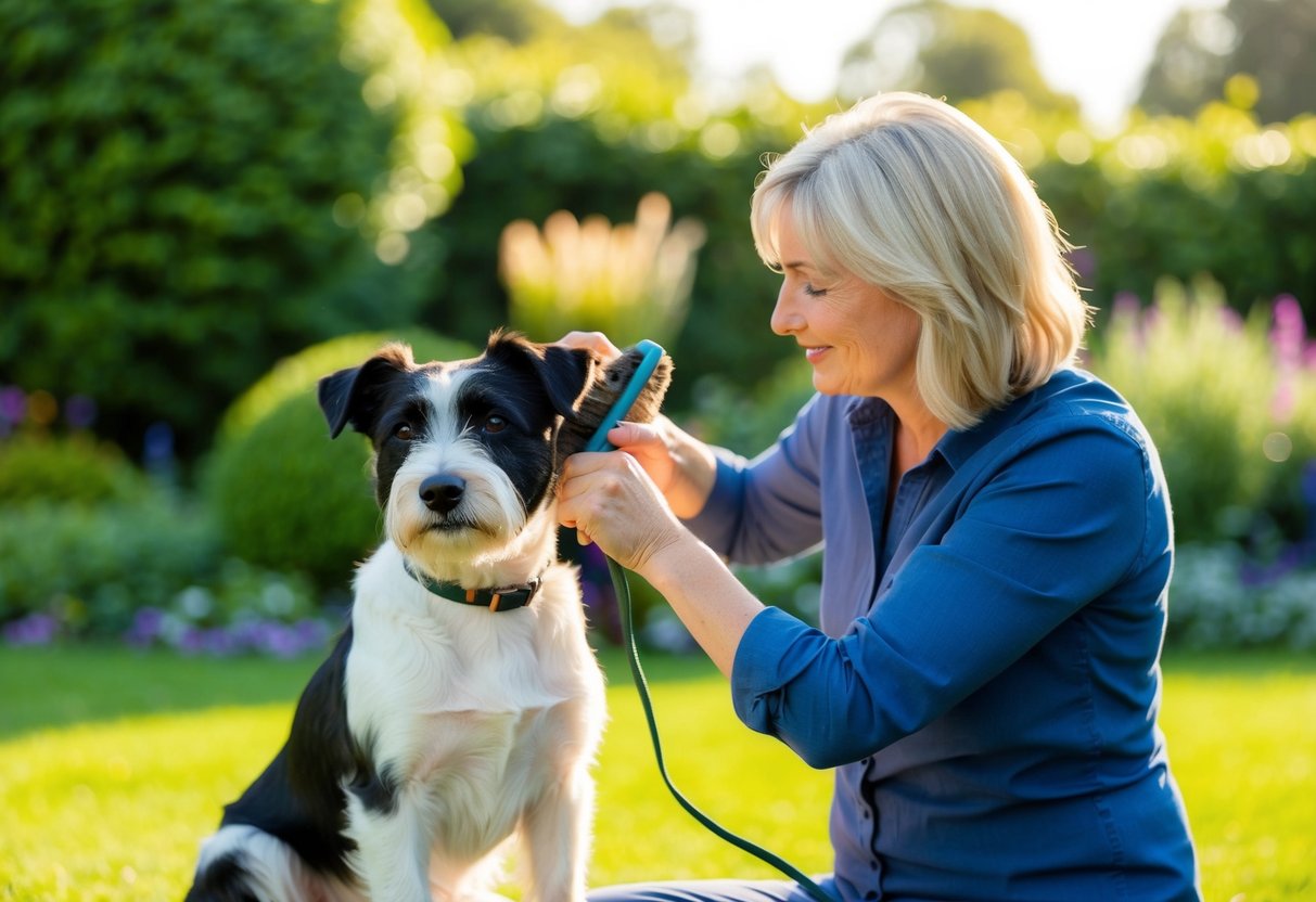 A Border Terrier being gently brushed by its owner on a sunny day in a peaceful garden setting