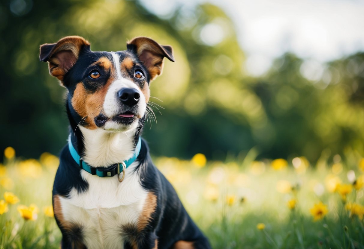 A border terrier sits attentively by its owner's side, gazing up with eager eyes and perked ears