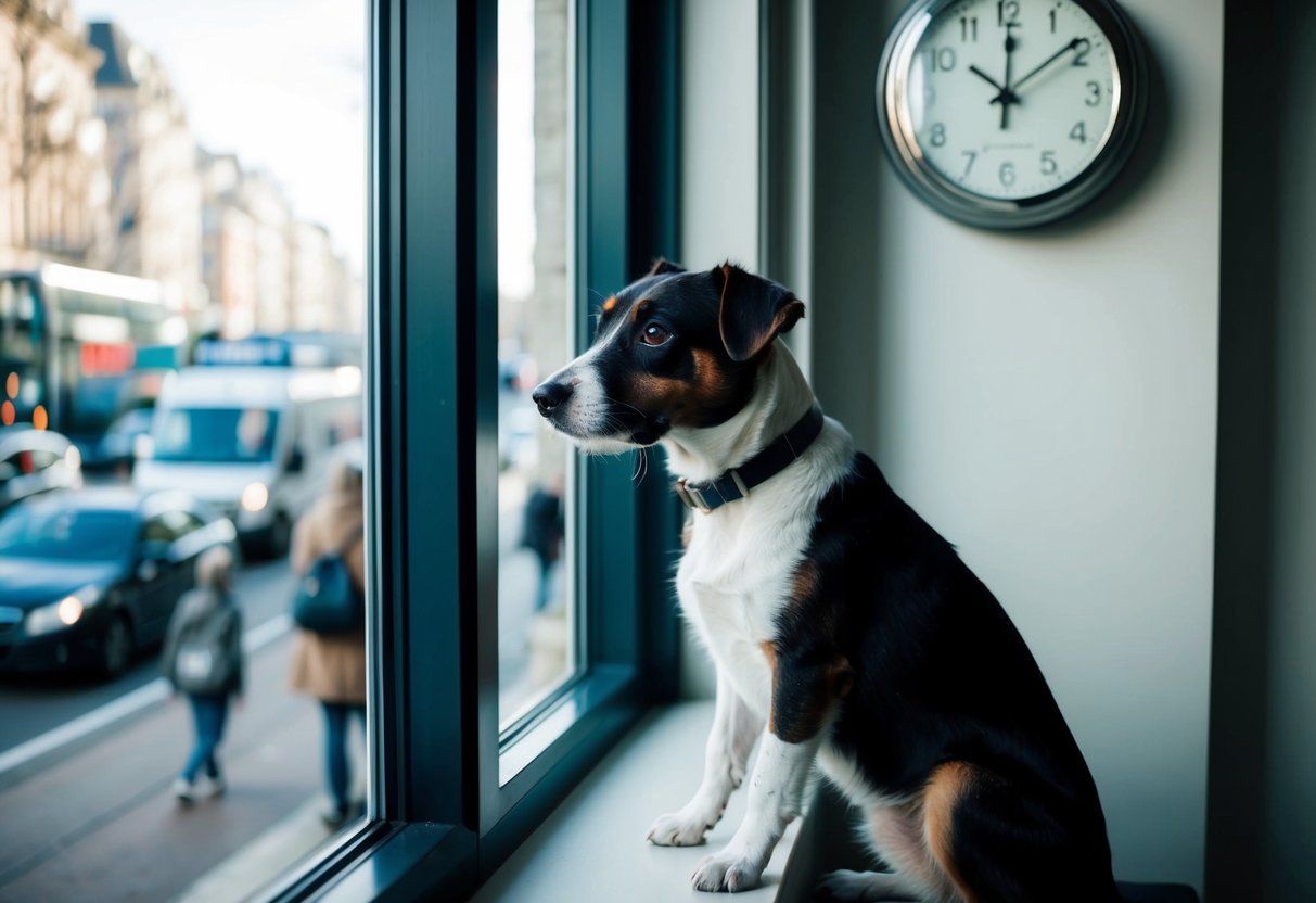 A border terrier sits by a window, gazing out at the passing cars and pedestrians, as the clock on the wall ticks away the hours