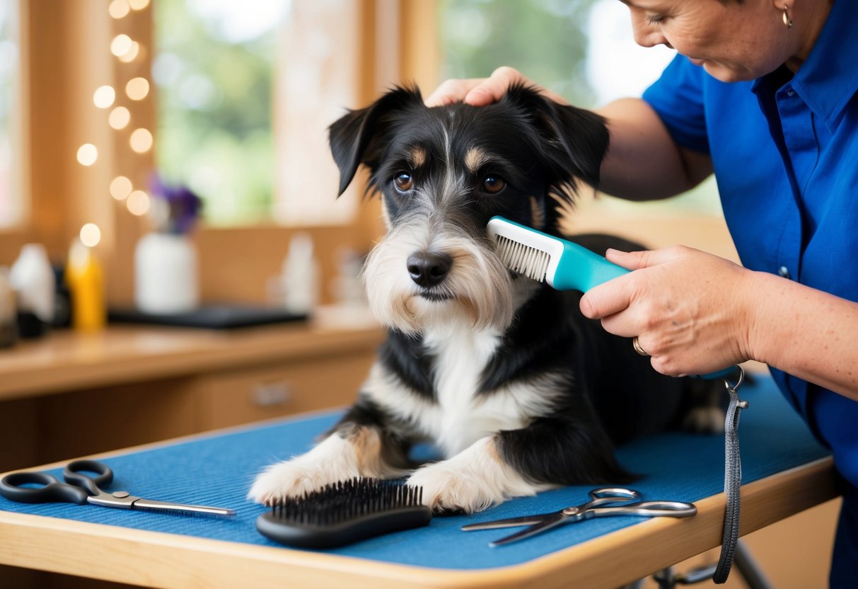 A border terrier being gently brushed with a slicker brush, with a comb and scissors nearby on a grooming table
