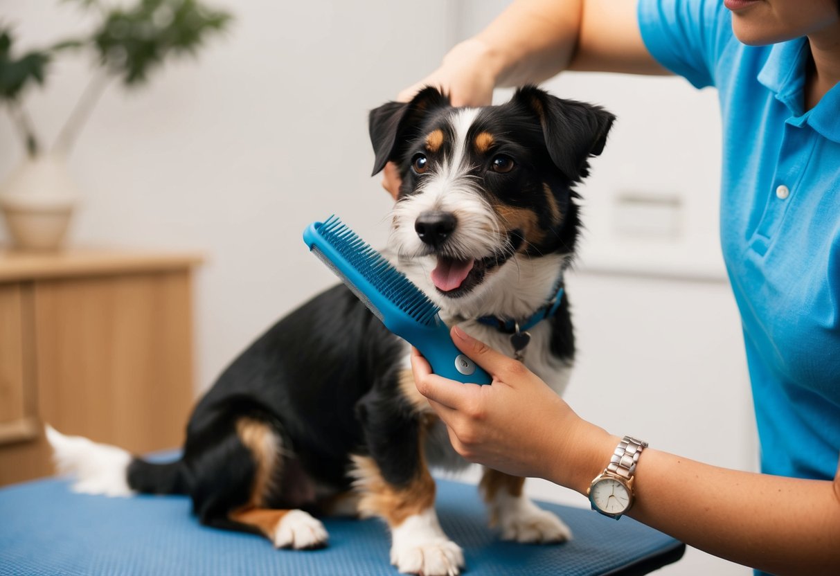 A border terrier being brushed by a person. The dog is sitting still and enjoying the grooming process