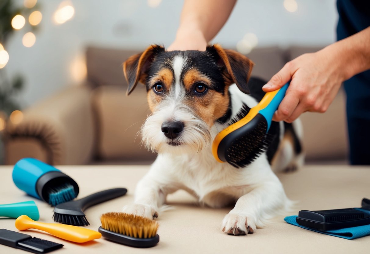 A border terrier being brushed by a person with a brush and grooming tools scattered around
