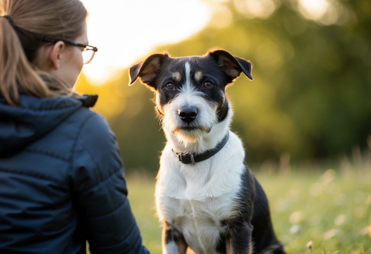A border terrier sits attentively beside a person, ears perked and eyes focused, displaying obedience and loyalty