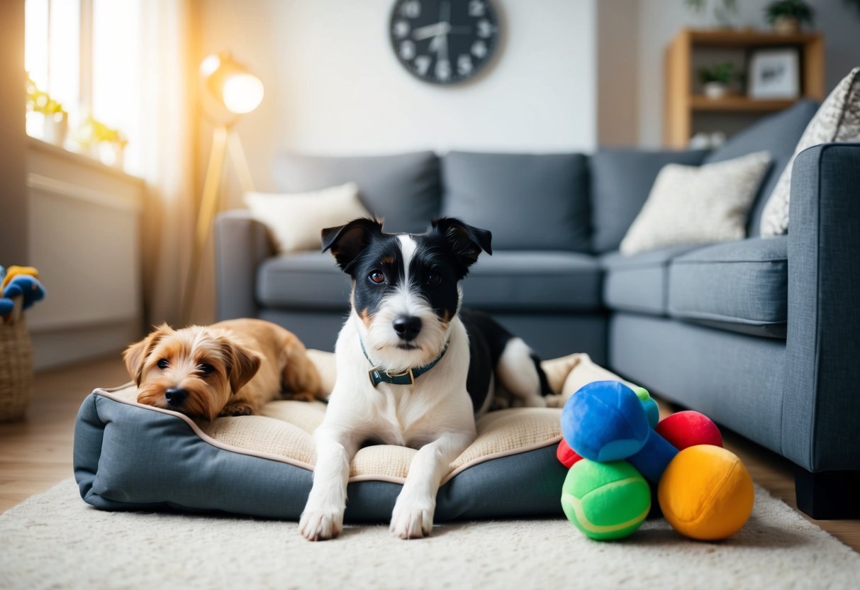 A border terrier laying comfortably in a cozy living room, surrounded by toys and a comfortable bed, with a clock showing 8 hours passing