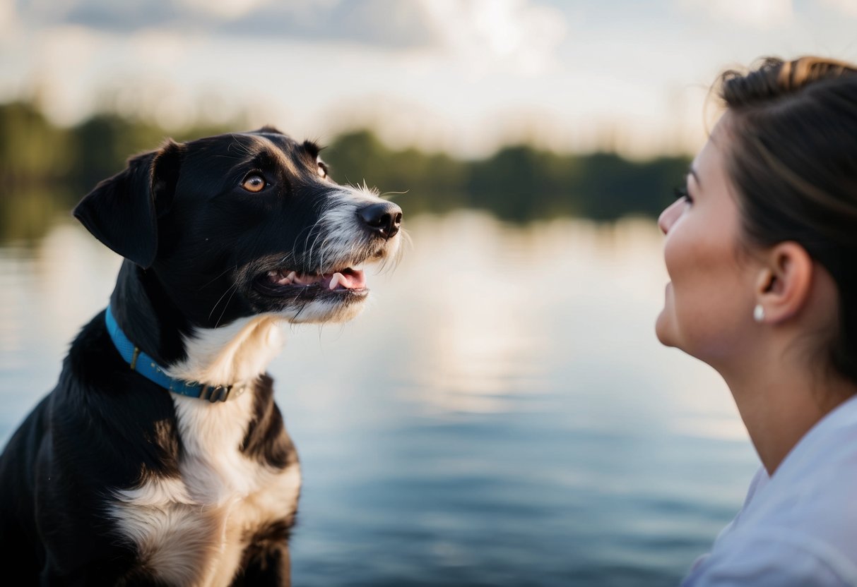 A border terrier obediently sits at attention, gazing up at its owner with a eager and focused expression