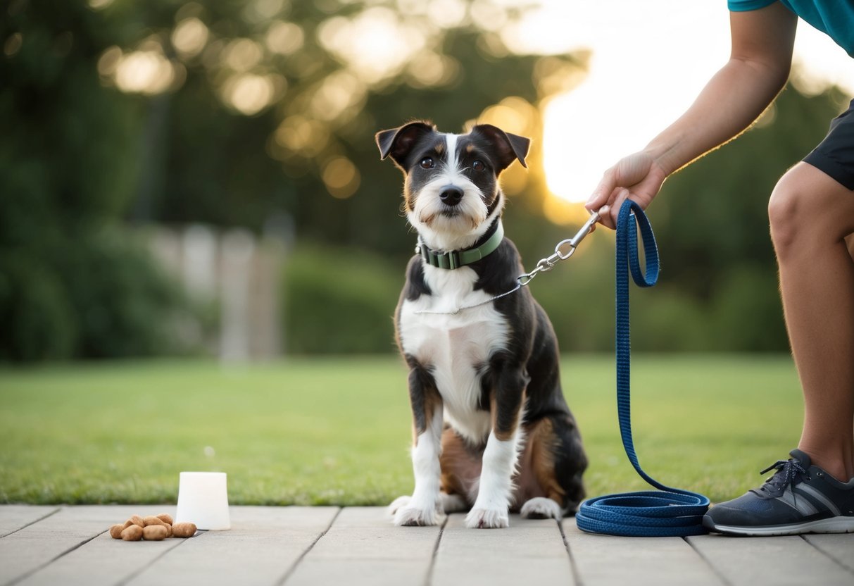 A border terrier sitting attentively, looking up at its owner with a focused expression. A leash and training treats are nearby