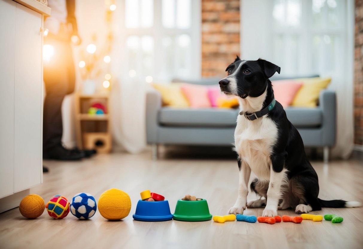 A border terrier sits obediently beside a neatly arranged row of toys and treats, looking up at its owner with attentive eyes
