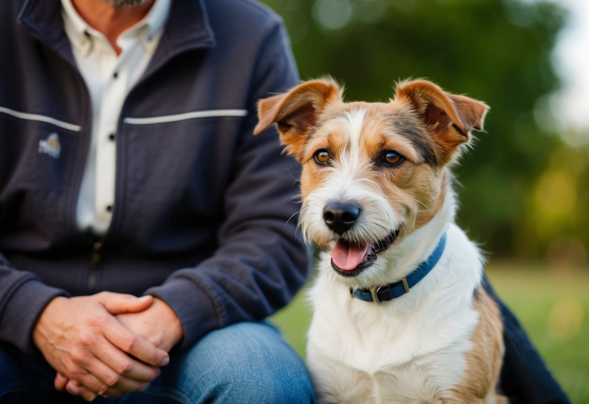 A border terrier sits calmly beside its owner, ears perked and tail wagging. Its attentive eyes and relaxed posture demonstrate its well-behaved nature