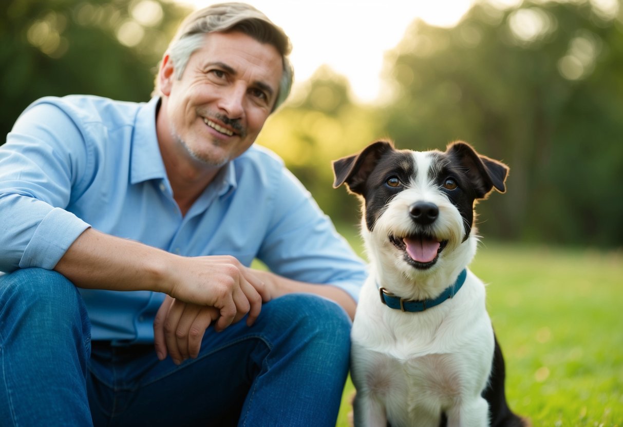 A border terrier sits calmly beside its owner, wagging its tail and looking up with a friendly expression