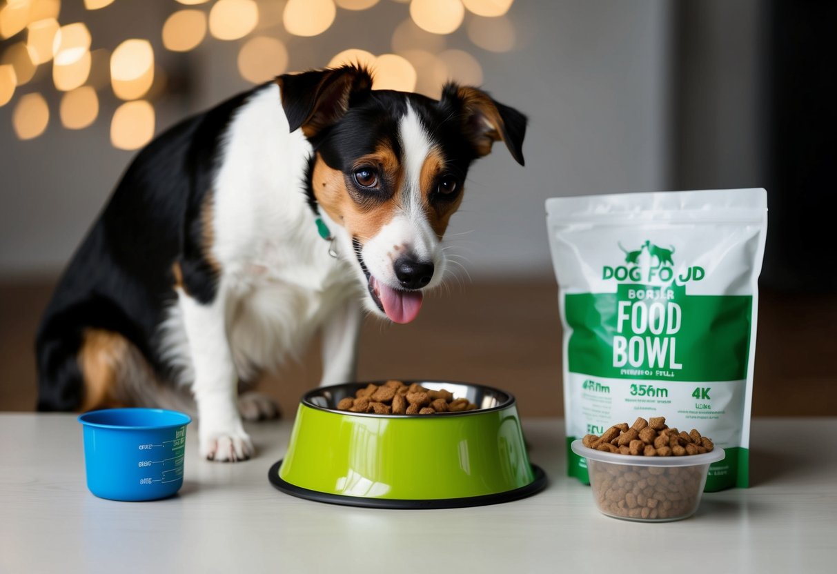 A border terrier eagerly eats from a full food bowl beside a measuring cup and bag of dog food