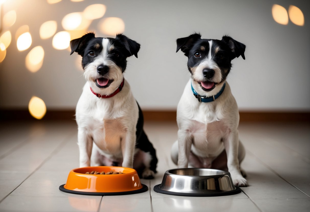 Two border terriers sit calmly beside a food bowl and water dish. Their tails are wagging, and they appear well-behaved and content