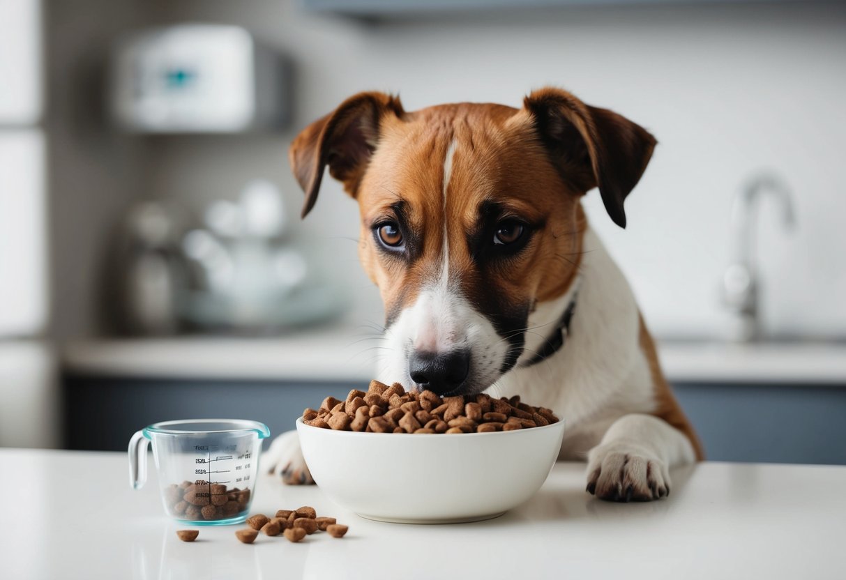 A Border Terrier eagerly eats from a bowl of kibble, with a measuring cup nearby, indicating portion control