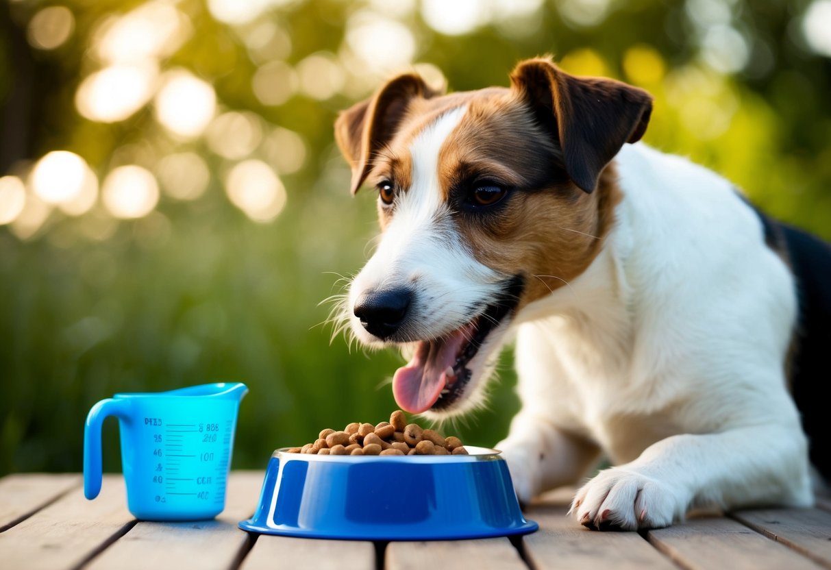 A border terrier eagerly eats from a food bowl, with a measuring cup nearby
