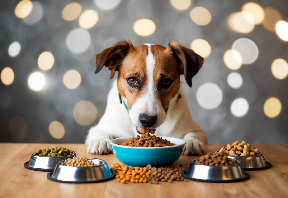 A Border Terrier eating from a bowl, surrounded by different types of dog food, representing different life stages