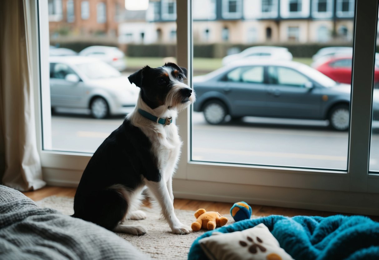 A border terrier sits by a window, gazing out at the passing cars. The room is cozy with a comfortable bed and toys scattered on the floor