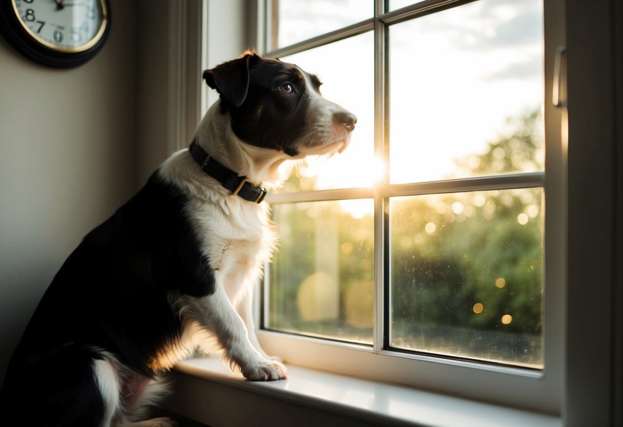 A Border Terrier sits by the window, gazing out with a pensive expression as the sunlight streams in. A clock on the wall shows the passing of time
