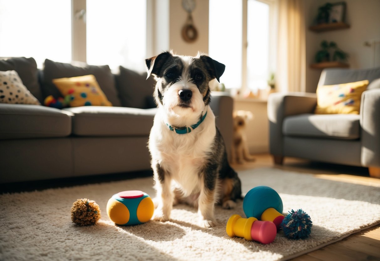 A Border Terrier sits calmly in a cozy living room, surrounded by toys and treats. The sunlight streams in through the window, casting a warm glow on the peaceful scene
