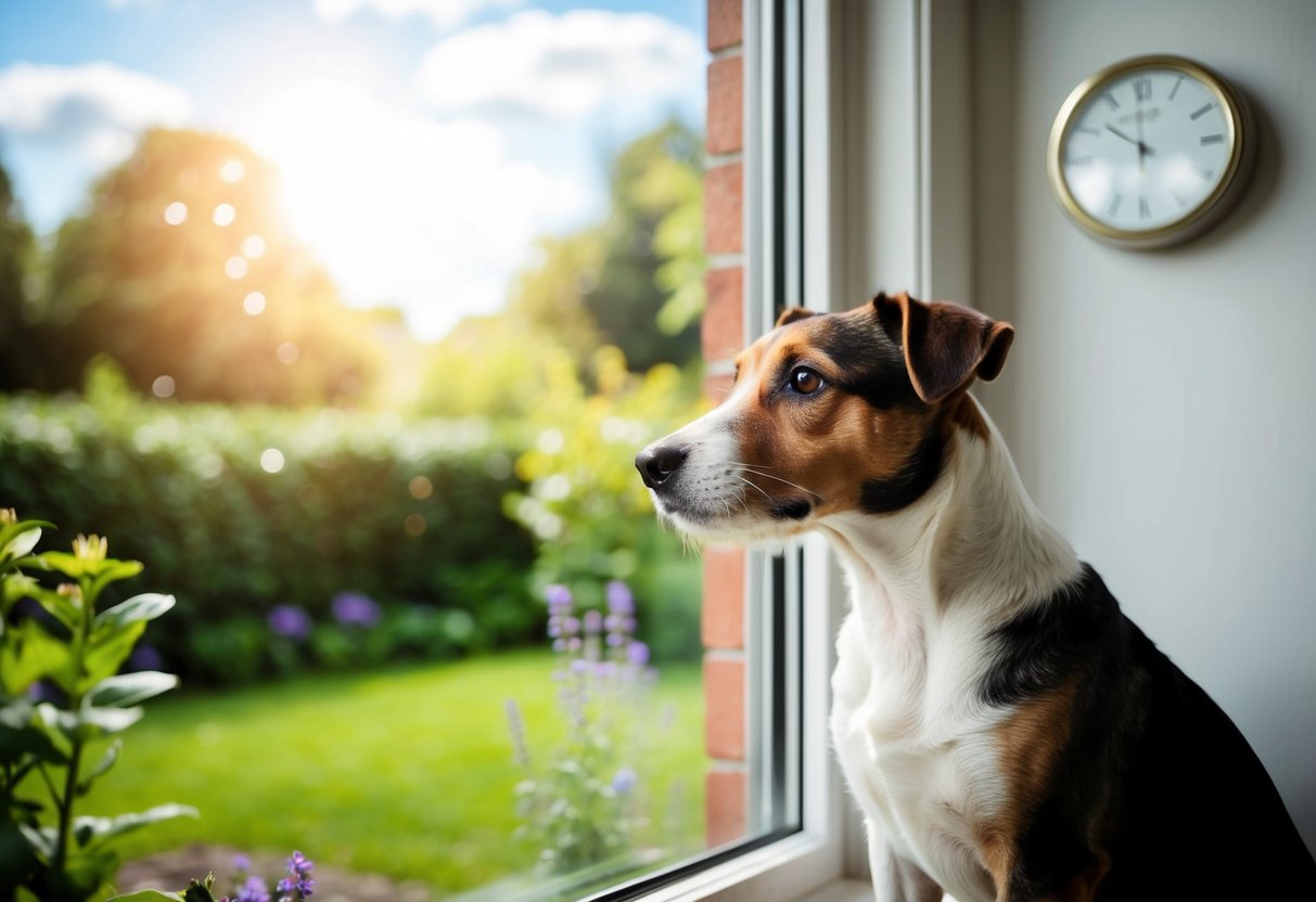 A border terrier sits by a window, gazing out at a sunny garden. A clock on the wall shows the passing of time