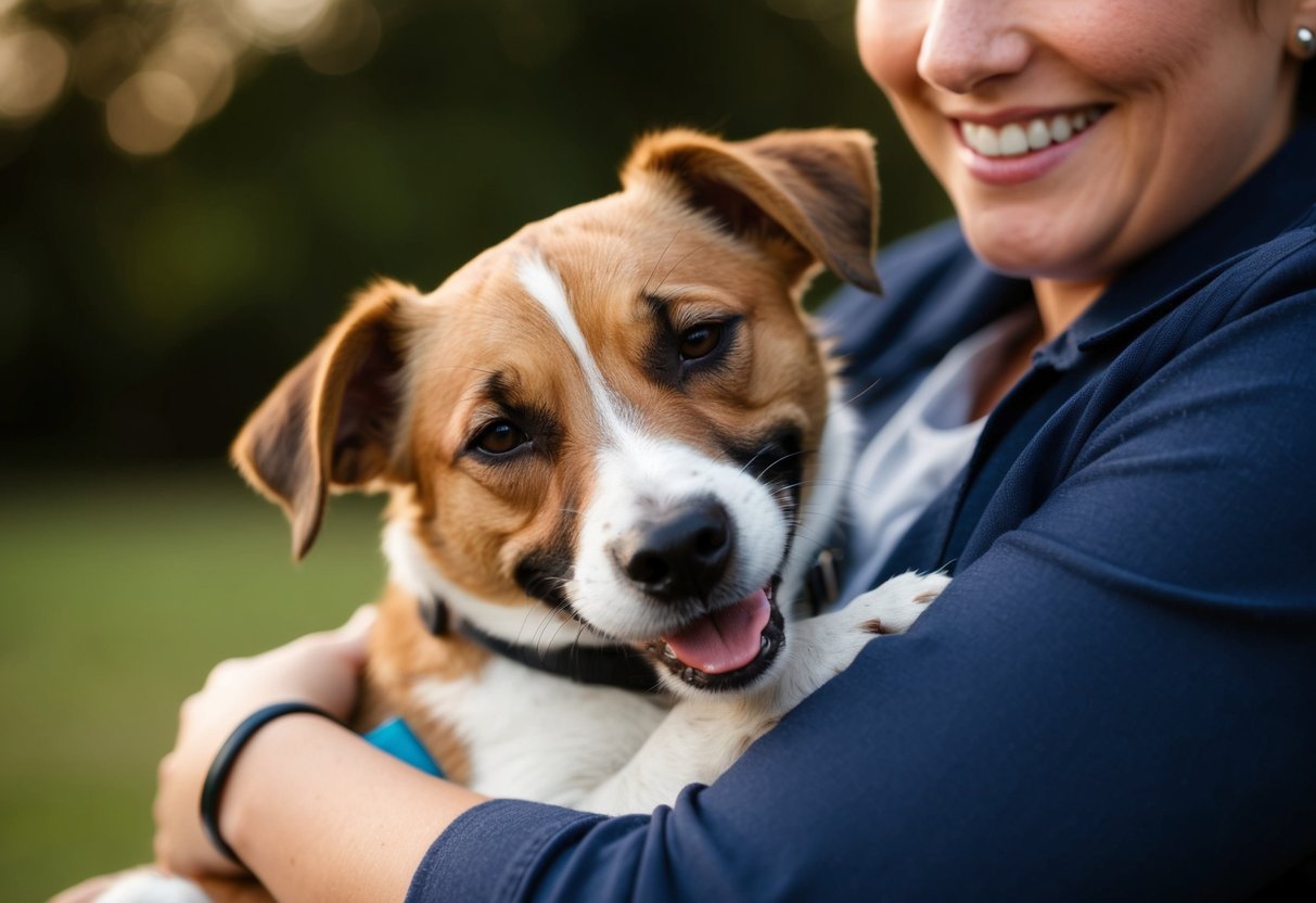 A smiling border terrier snuggled in someone's arms, wagging its tail