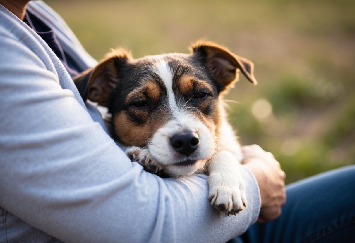 A Border Terrier snuggled in a person's arms, content and relaxed, with a gentle expression on its face