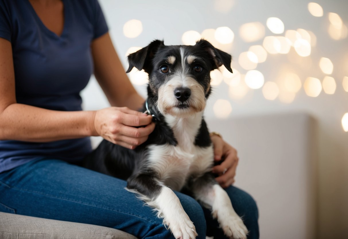 A border terrier sits calmly in a person's lap, looking content as they are gently held and groomed