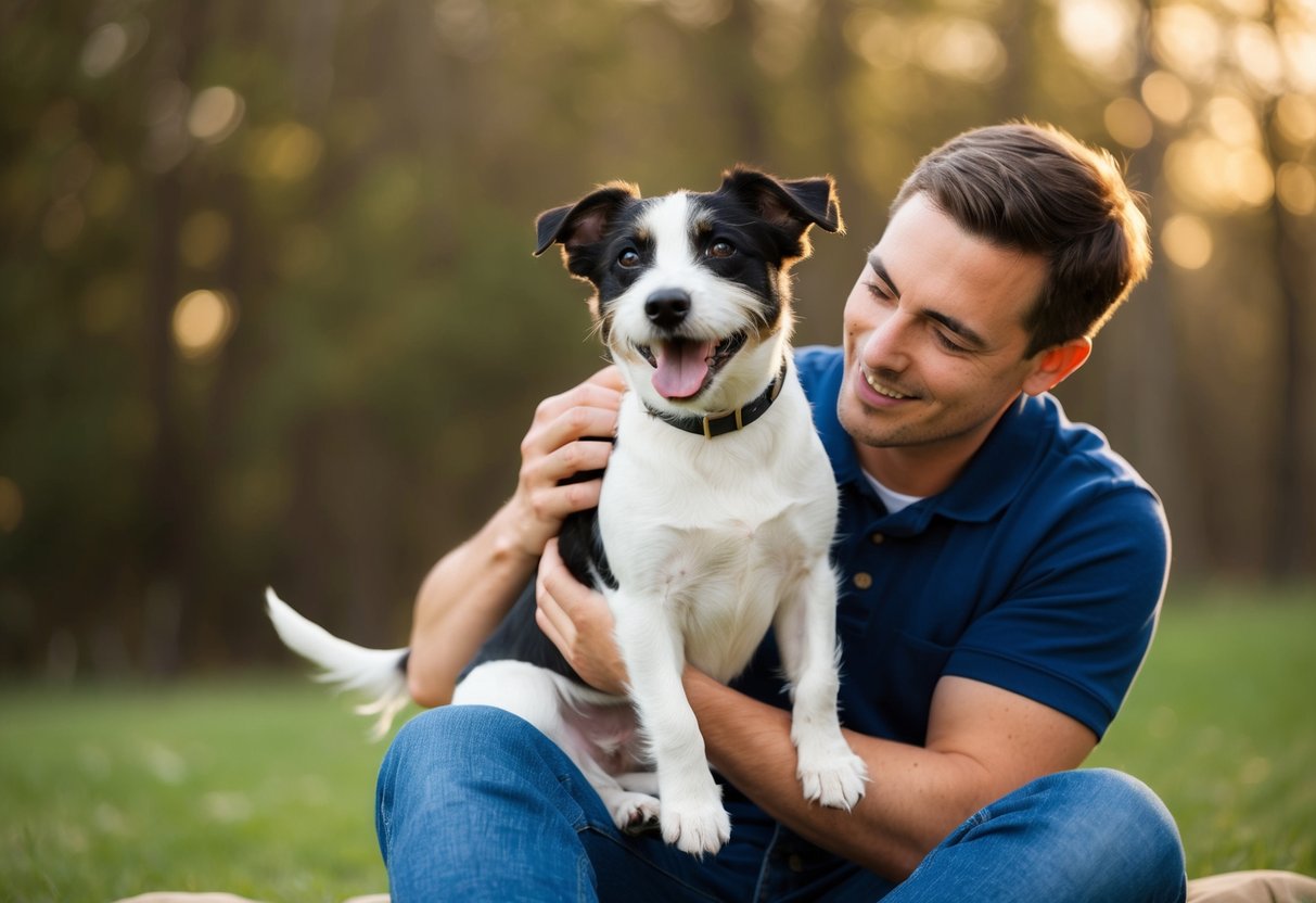 A border terrier happily sits in its owner's arms, wagging its tail. The owner smiles while gently holding the dog