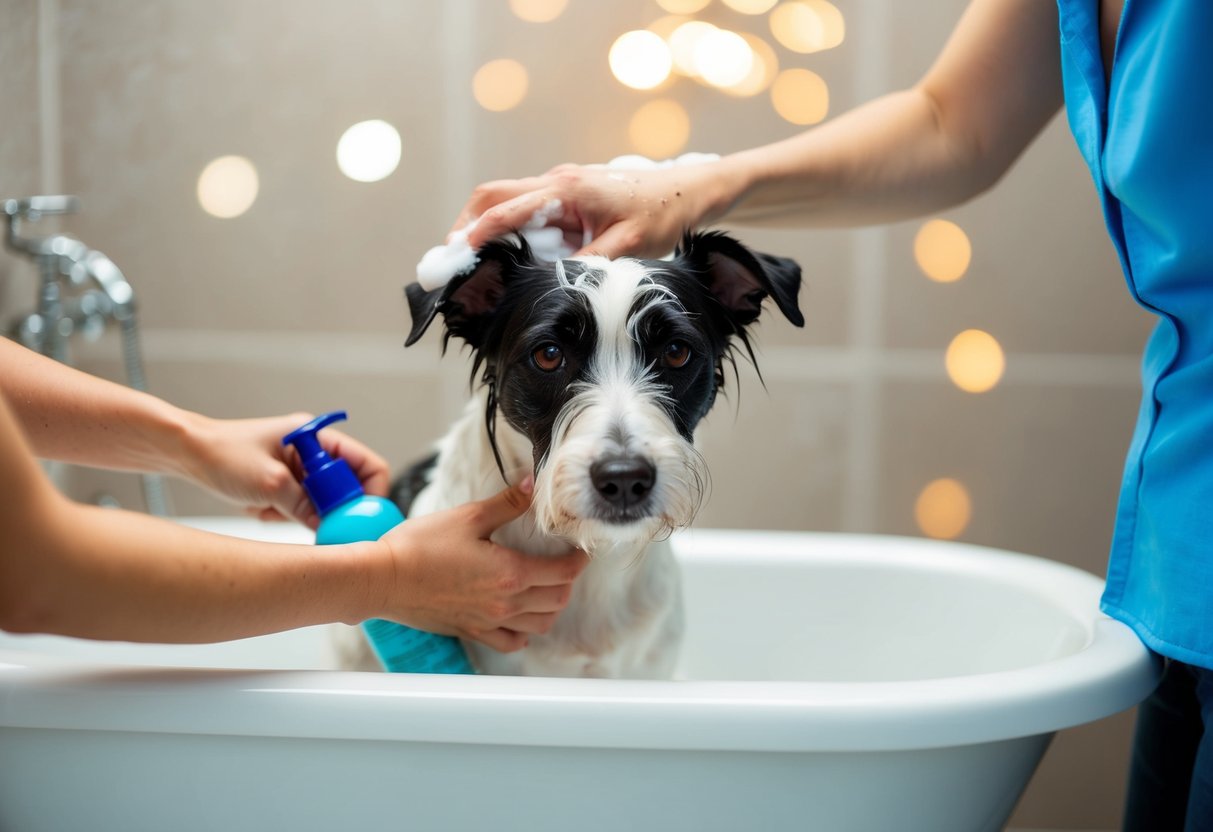 A border terrier being bathed with dog shampoo by a person in a bathtub