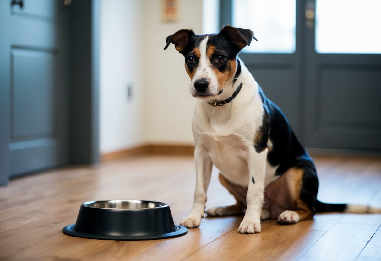 A Border Terrier sitting next to a food bowl, with a puzzled expression and a faint odor in the air