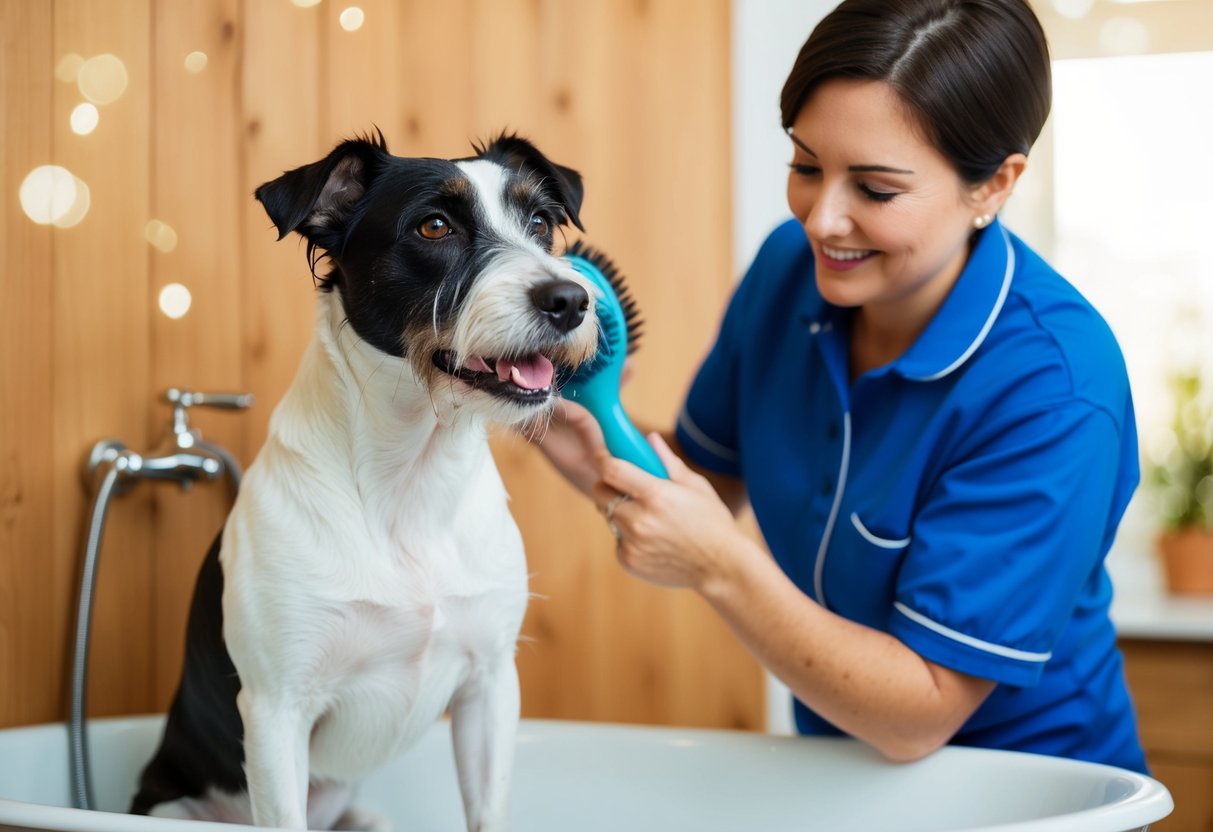 A Border Terrier being bathed and brushed by its owner to prevent odor