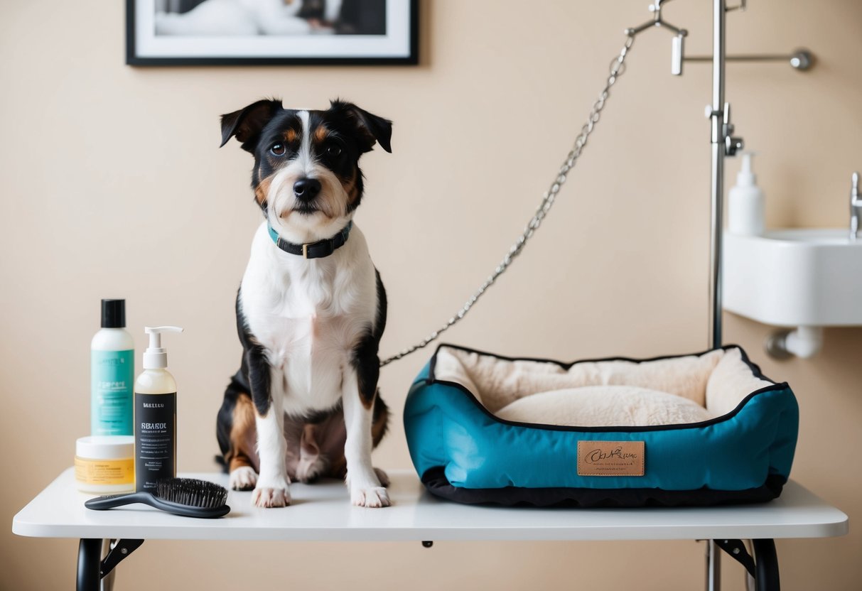A border terrier sitting next to a clean, organized grooming station with brushes, shampoo, and a fresh-smelling dog bed