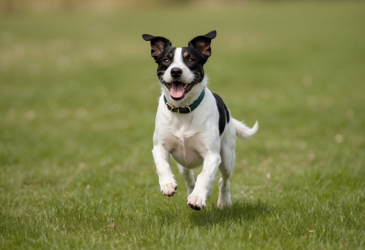 A border terrier sprints across a grassy field, tail wagging and ears flopping, with a look of pure joy on its face