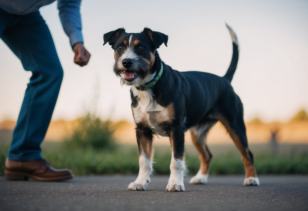 A border terrier stands with a defiant stance, ignoring commands from its owner. Its fur is bristled, and its eyes are fixed with determination