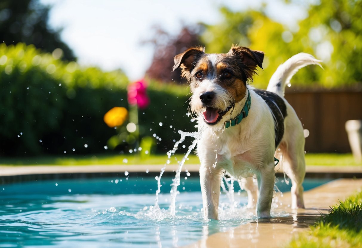 A border terrier shakes off water after a swim in a sunny garden