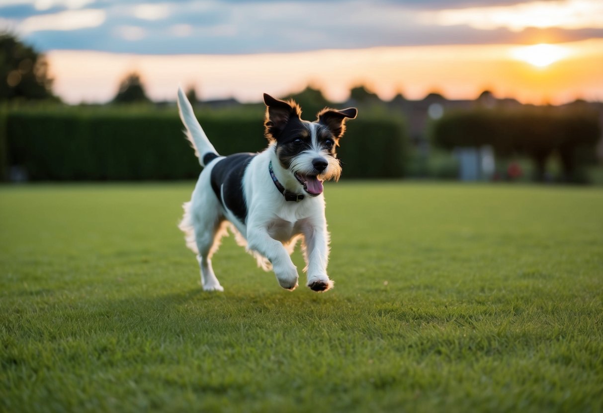 A border terrier runs in circles around a spacious, grassy yard, tail wagging and ears flopping, as the sun sets in the background
