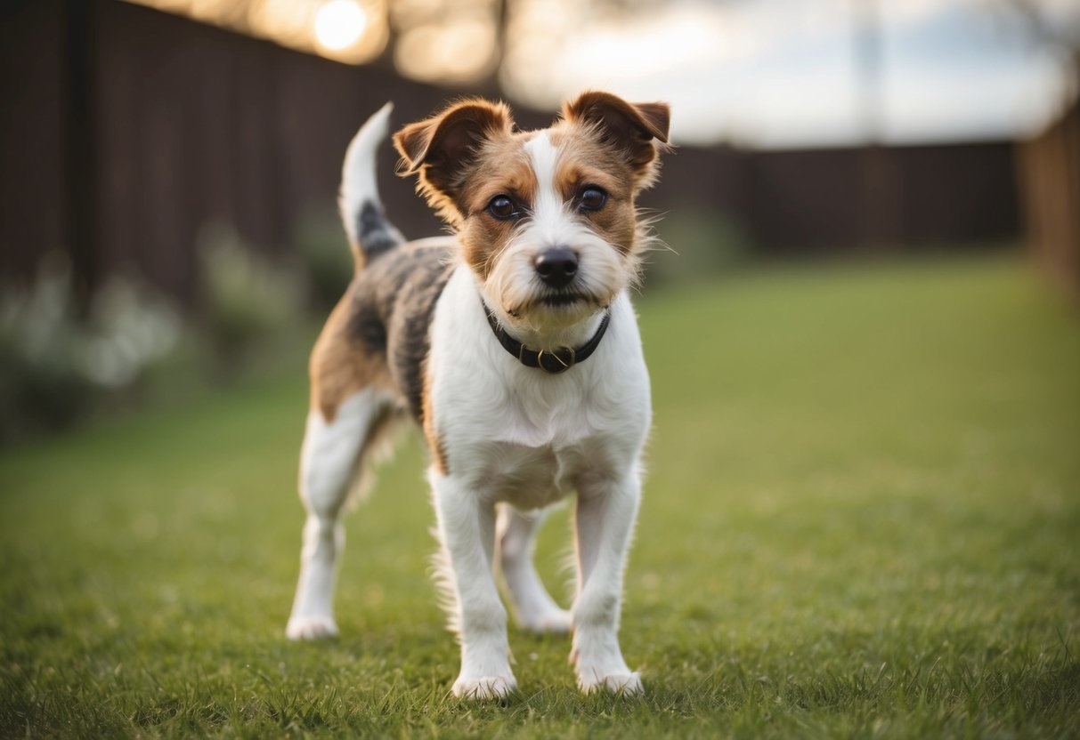 A Border Terrier stands on all fours, trembling slightly, with a puzzled expression on its face. Its fur is ruffled, and its ears are perked up in curiosity
